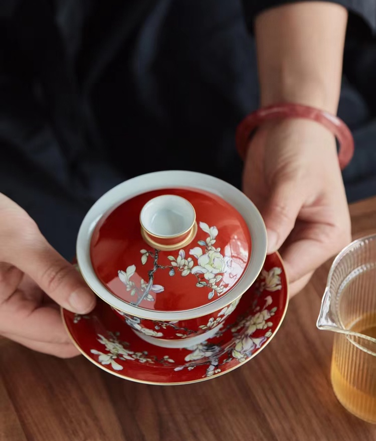 景德镇珐琅彩红釉陶瓷茶具礼品套装（红玉兰）(图6)