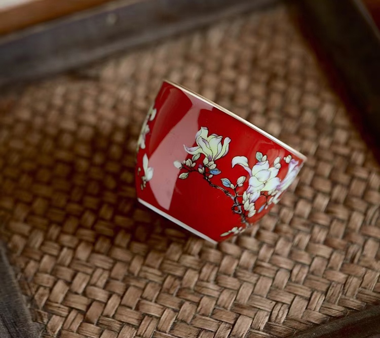 景德镇珐琅彩红釉陶瓷茶具礼品套装（红玉兰）(图7)