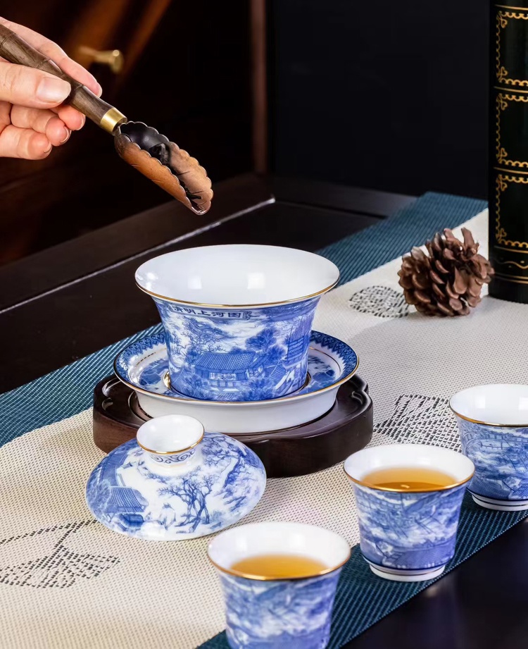 景德镇青花瓷盖碗茶杯陶瓷功夫茶具套装（清明上河图）(图6)