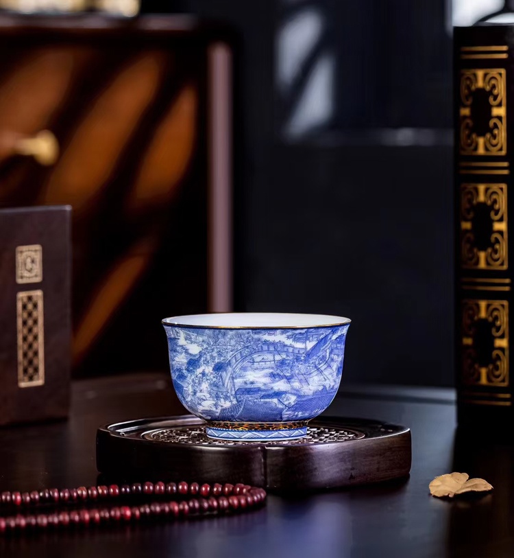 景德镇青花瓷盖碗茶杯陶瓷功夫茶具套装（清明上河图）(图5)
