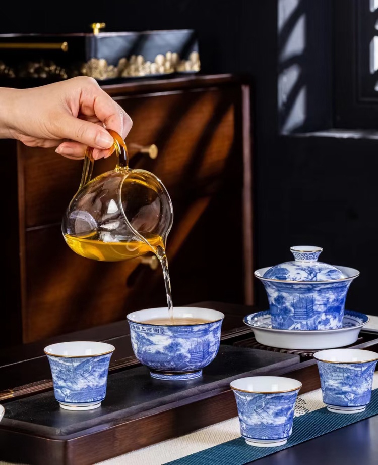 景德镇青花瓷盖碗茶杯陶瓷功夫茶具套装（清明上河图）(图7)