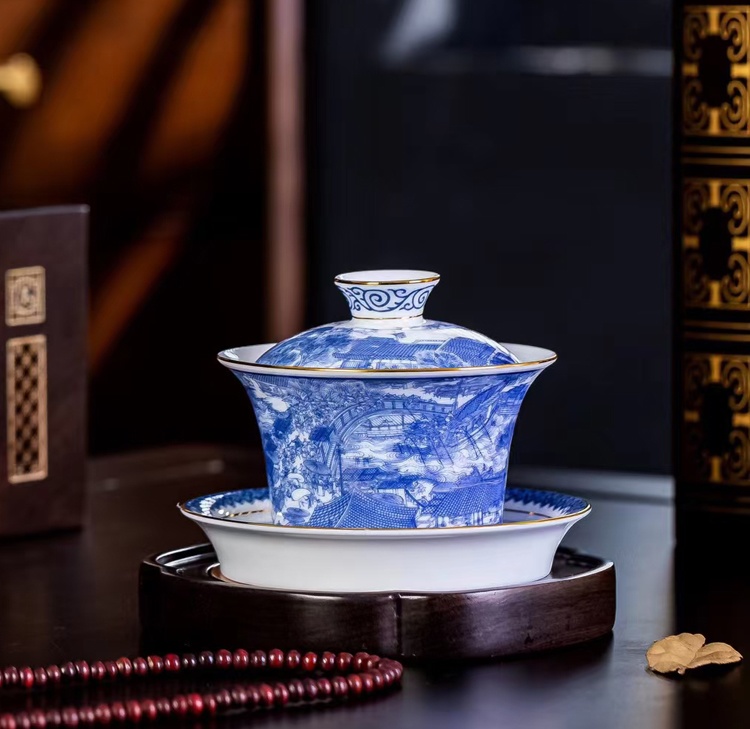 景德镇青花瓷盖碗茶杯陶瓷功夫茶具套装（清明上河图）(图9)