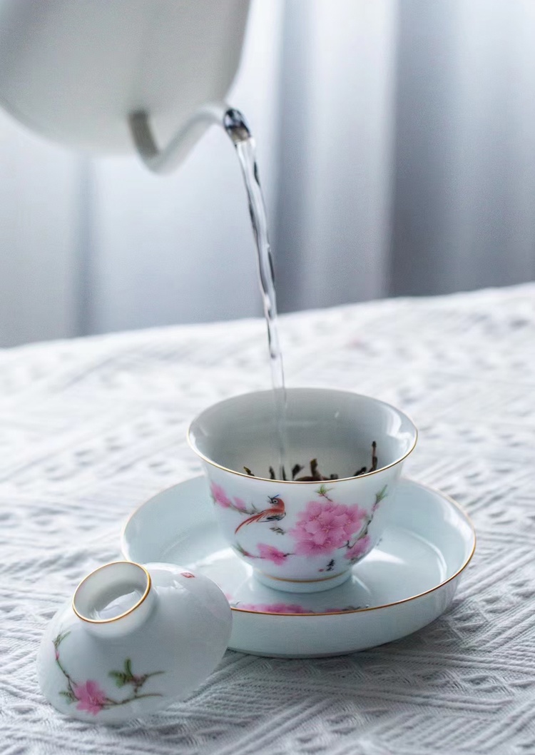 12头陶瓷盖碗功夫茶具中式家用套组（水点桃花) (图6)