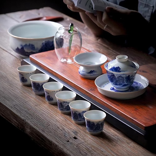 12头青花瓷山水陶瓷茶具套组（千里江山）