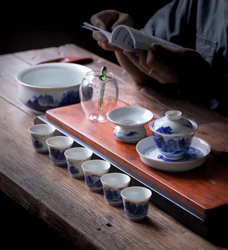 12头青花瓷山水陶瓷茶具套组（千里江山）(图1)