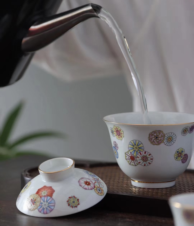 12头皮球花陶瓷茶具盖碗茶杯水洗套组(图4)