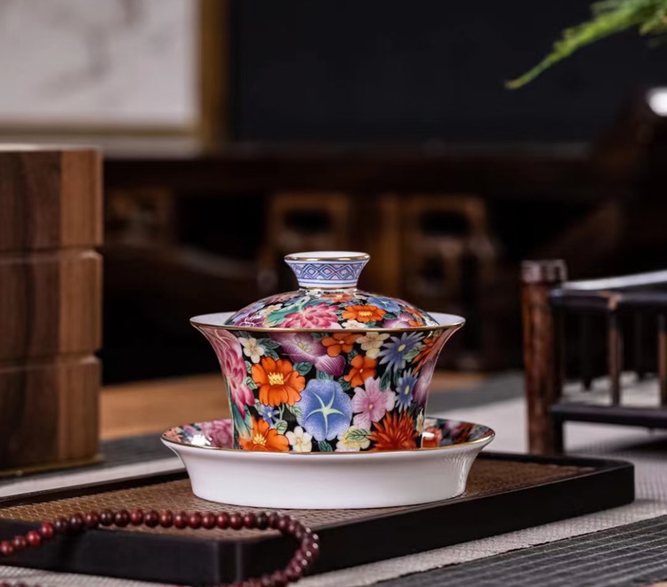 景德镇12头陶瓷茶具盖碗茶杯套装（黑地万花）(图4)