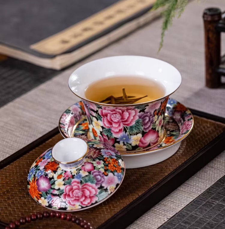 景德镇12头陶瓷茶具盖碗茶杯套装（黑地万花）(图8)