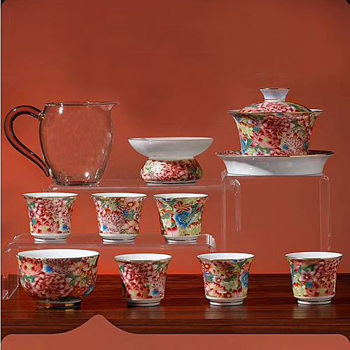 12头陶瓷茶具盖碗茶杯套装（红万花）