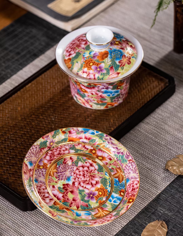 12头陶瓷茶具盖碗茶杯套装（红万花）(图2)