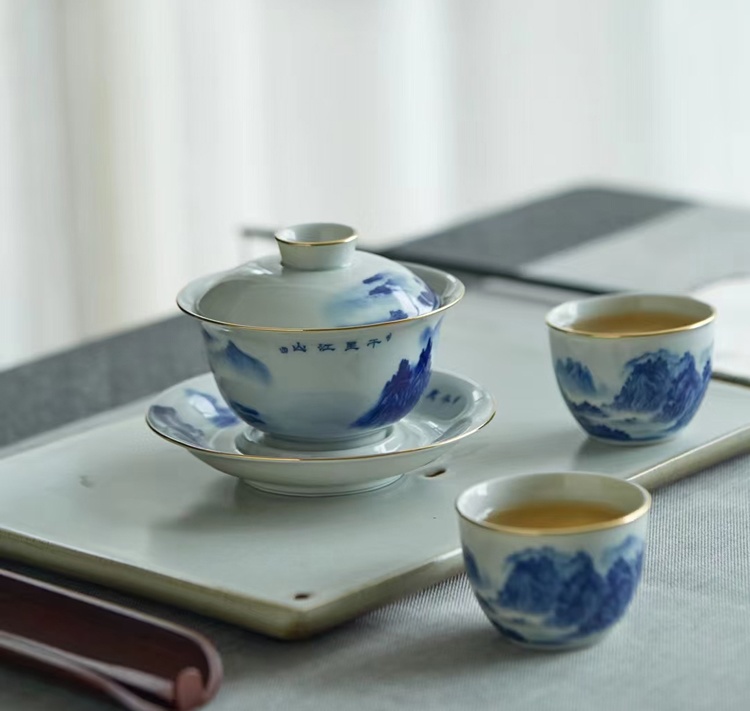 家用青花瓷山水陶瓷茶具套装（8头千里江山） (图7)