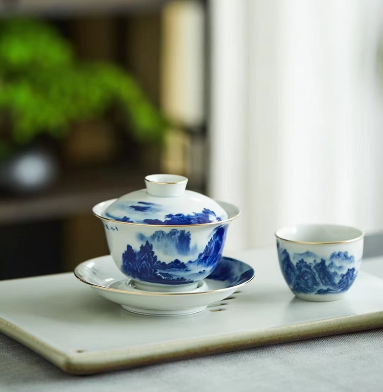 家用青花瓷山水陶瓷茶具套装（8头千里江山） (图9)