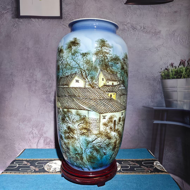 手工手绘山水楼阁陶瓷花瓶直筒瓶（春江古楼）(图1)