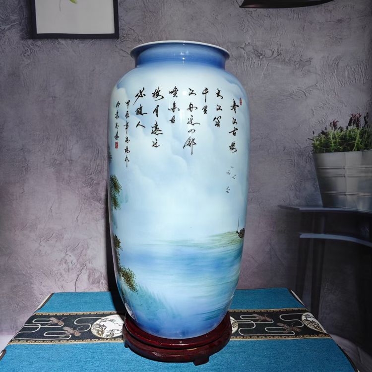 手工手绘山水楼阁陶瓷花瓶直筒瓶（春江古楼）(图3)