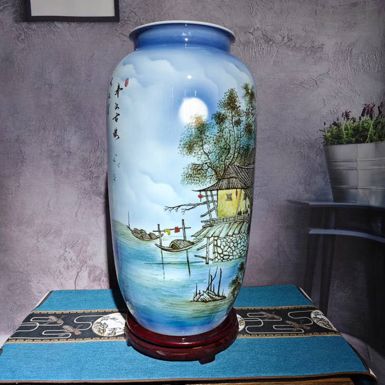 手工手绘山水楼阁陶瓷花瓶直筒瓶（春江古楼）(图4)
