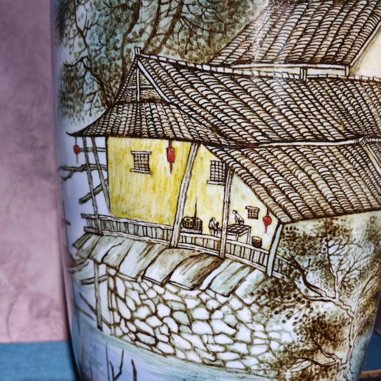 手工手绘山水楼阁陶瓷花瓶直筒瓶（春江古楼）(图6)