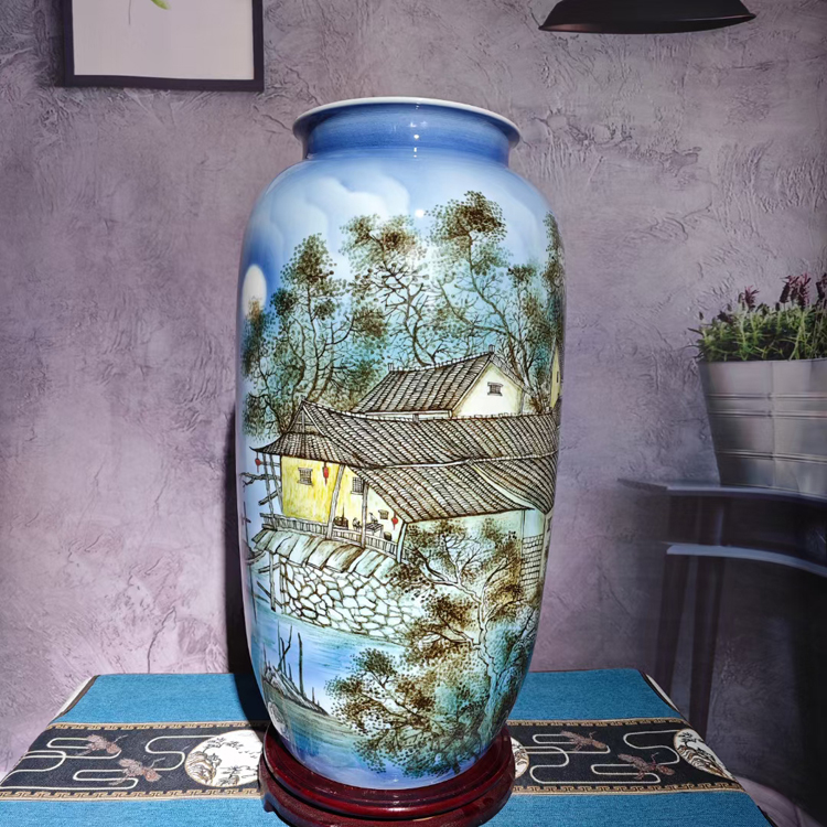 手工手绘山水楼阁陶瓷花瓶直筒瓶（春江古楼）(图5)