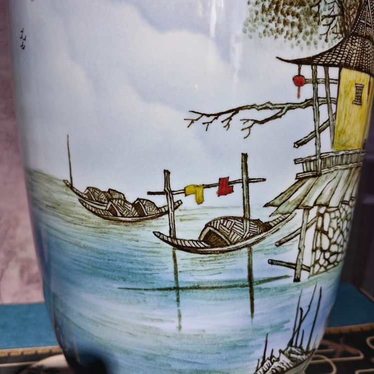 手工手绘山水楼阁陶瓷花瓶直筒瓶（春江古楼）(图7)