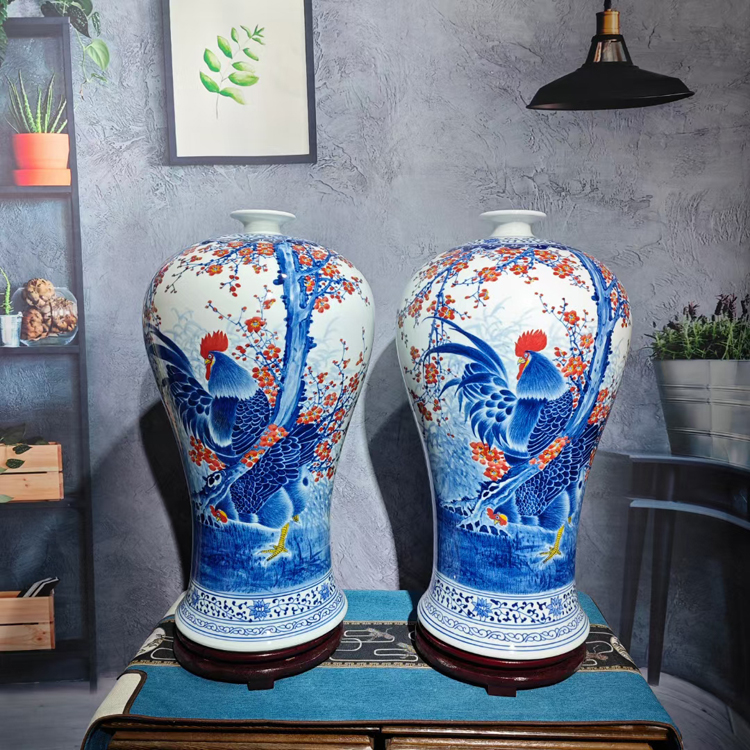 谢德标手工手绘小口梅瓶陶瓷花瓶（金鸡报春）(图1)