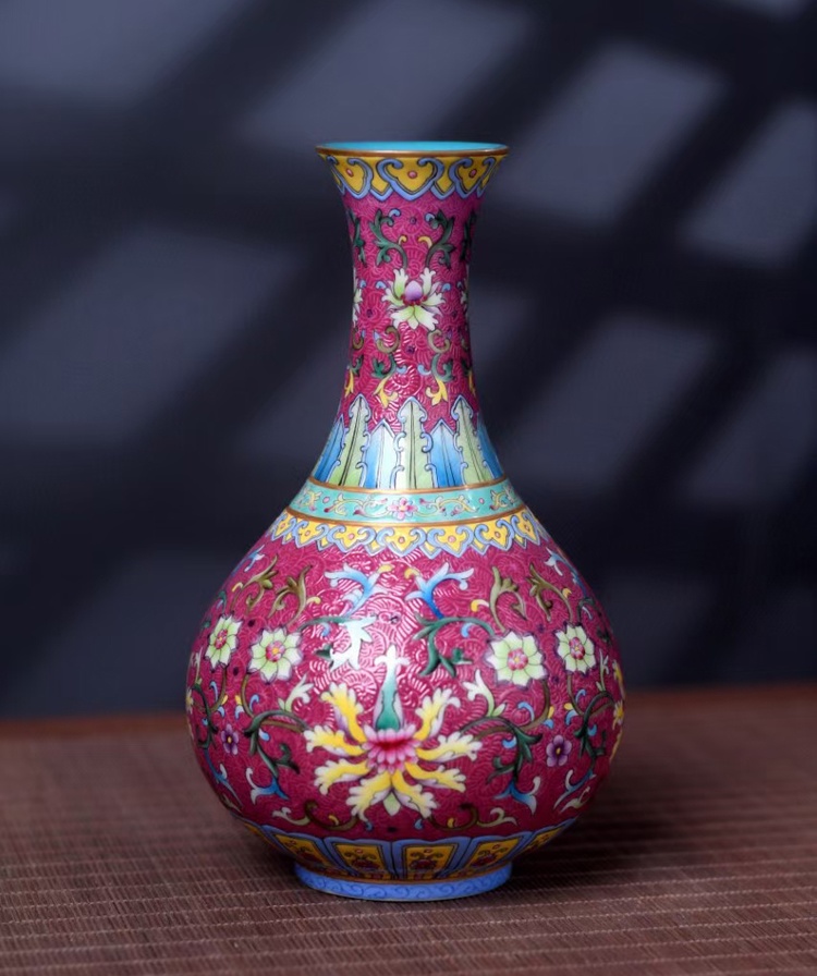 景德镇陶瓷花瓶扒花手绘缠枝莲纹玉壶春瓶(图1)