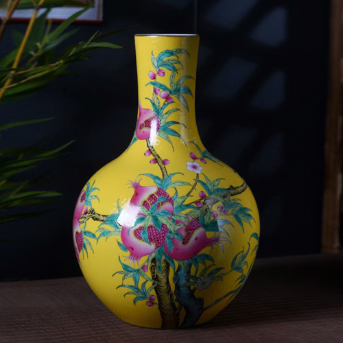 景德镇陶瓷花瓶手绘珐琅彩扒花笑口常开天球瓶 