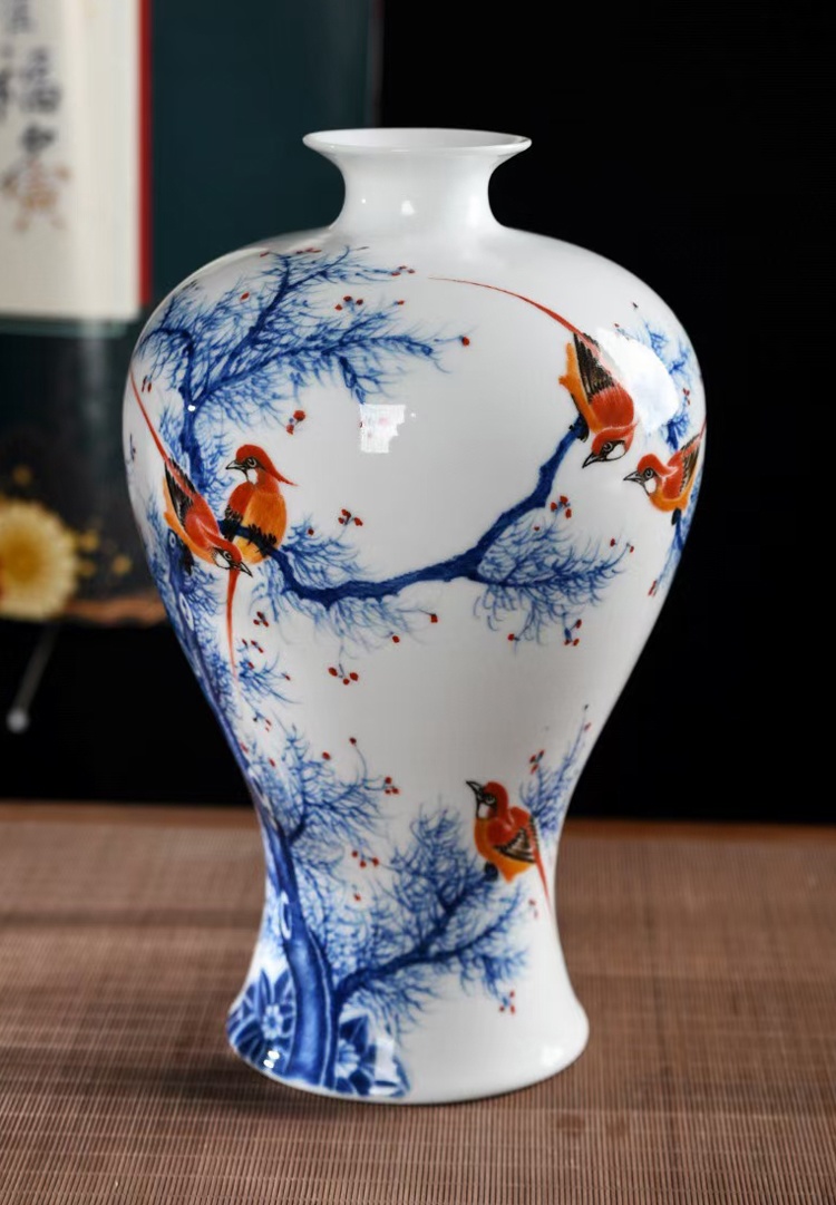 景德镇手绘花鸟陶瓷花瓶赏盘三件套摆件（喜上枝头）(图5)