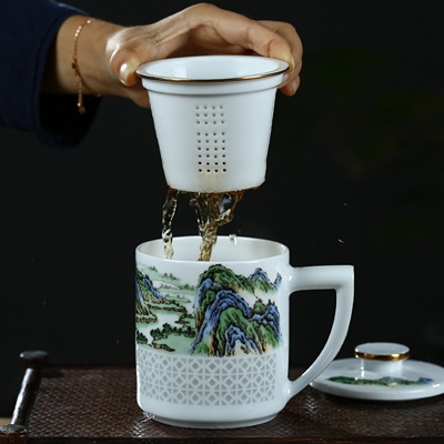 景德镇高档陶瓷茶杯商务礼品（千里江山）