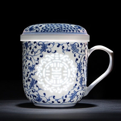 景德镇手绘青花瓷高档玲珑老板杯
