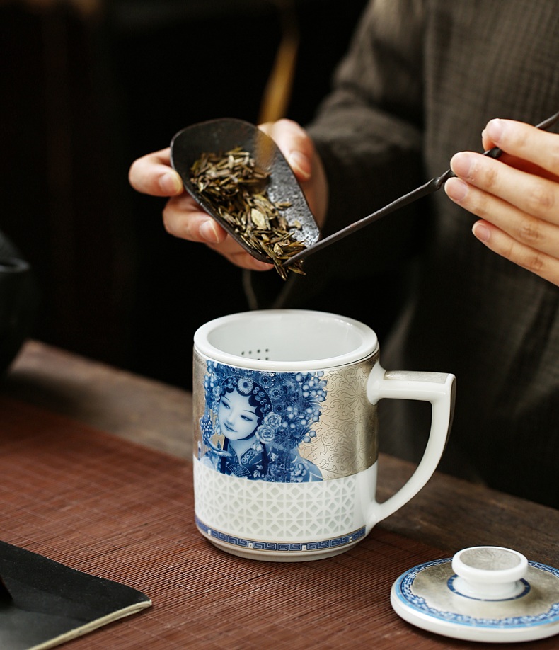 景德镇陶瓷带盖带过滤本银扒花泡茶杯