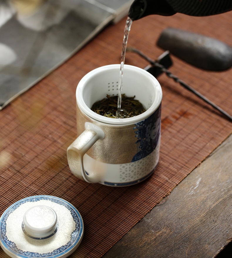 景德镇陶瓷带盖带过滤本银扒花泡茶杯