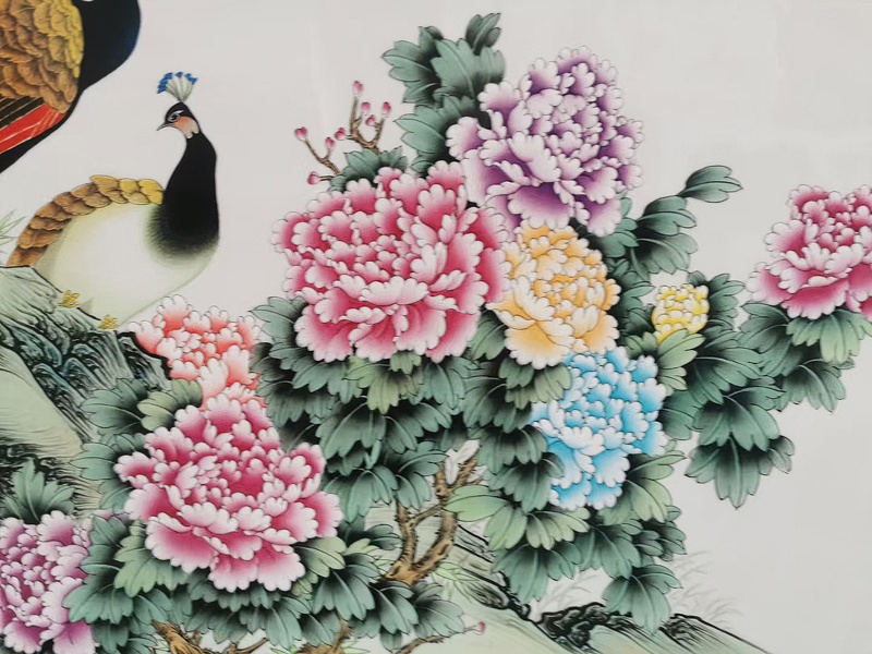 占年福手绘孔雀牡丹客厅瓷板画(图5)