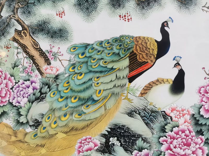 占年福手绘孔雀牡丹客厅瓷板画(图6)