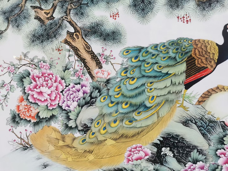 占年福手绘孔雀牡丹客厅瓷板画(图7)