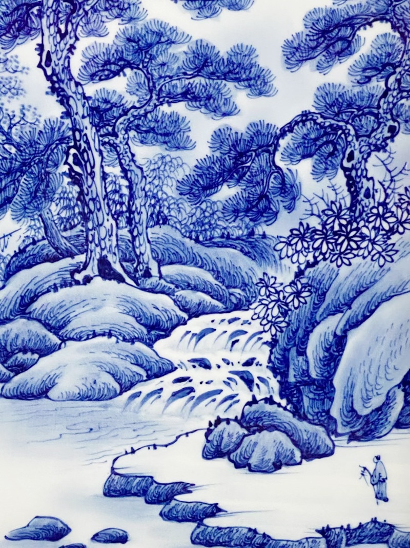 瓷板画手绘青花山水瓷板画（松泉图）