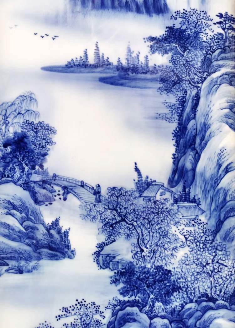 青花山水四条屏瓷板墙面装饰画