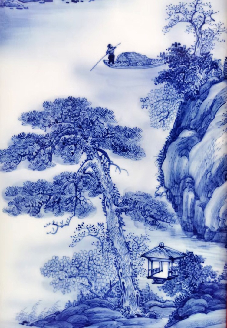 青花山水四条屏瓷板墙面装饰画