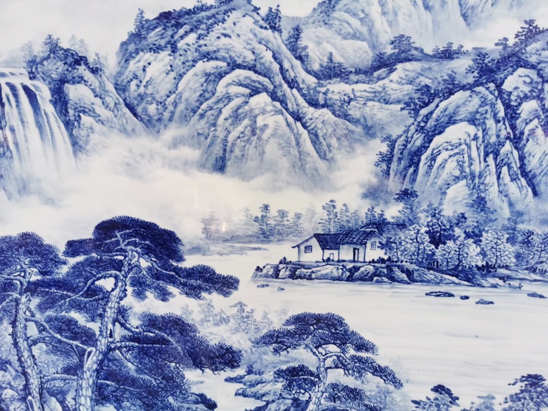 青花客厅背景墙装饰瓷板画（源远流长）