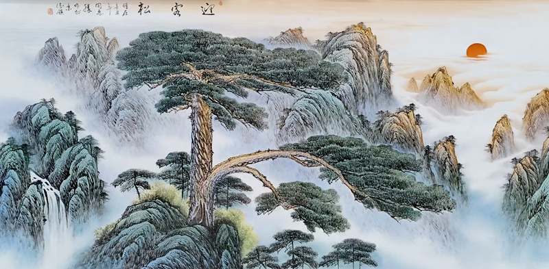 客厅背景墙装饰瓷板画（迎客松）