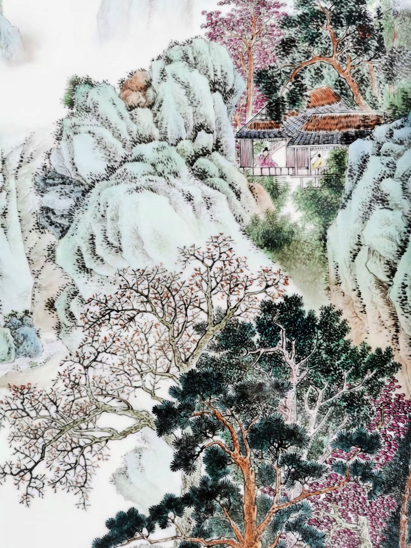 名家手绘粉彩工笔山水瓷板画（松柏长青）