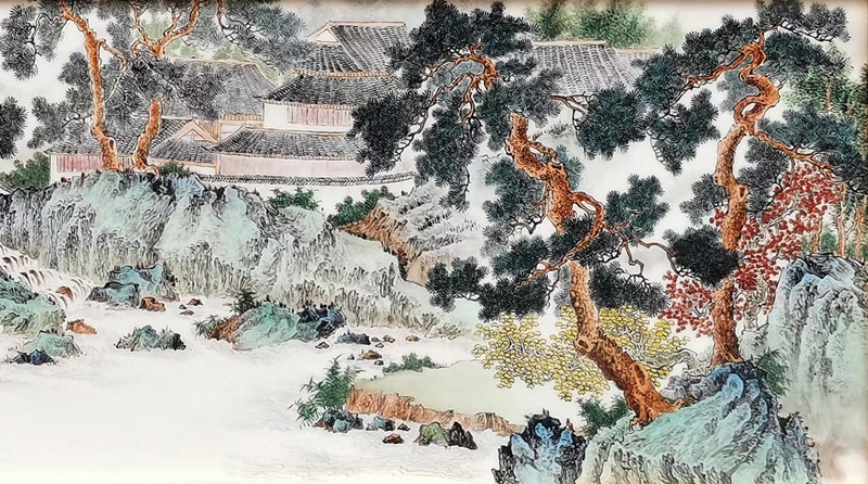 客厅沙发背景瓷器艺术挂画（松林隐居）