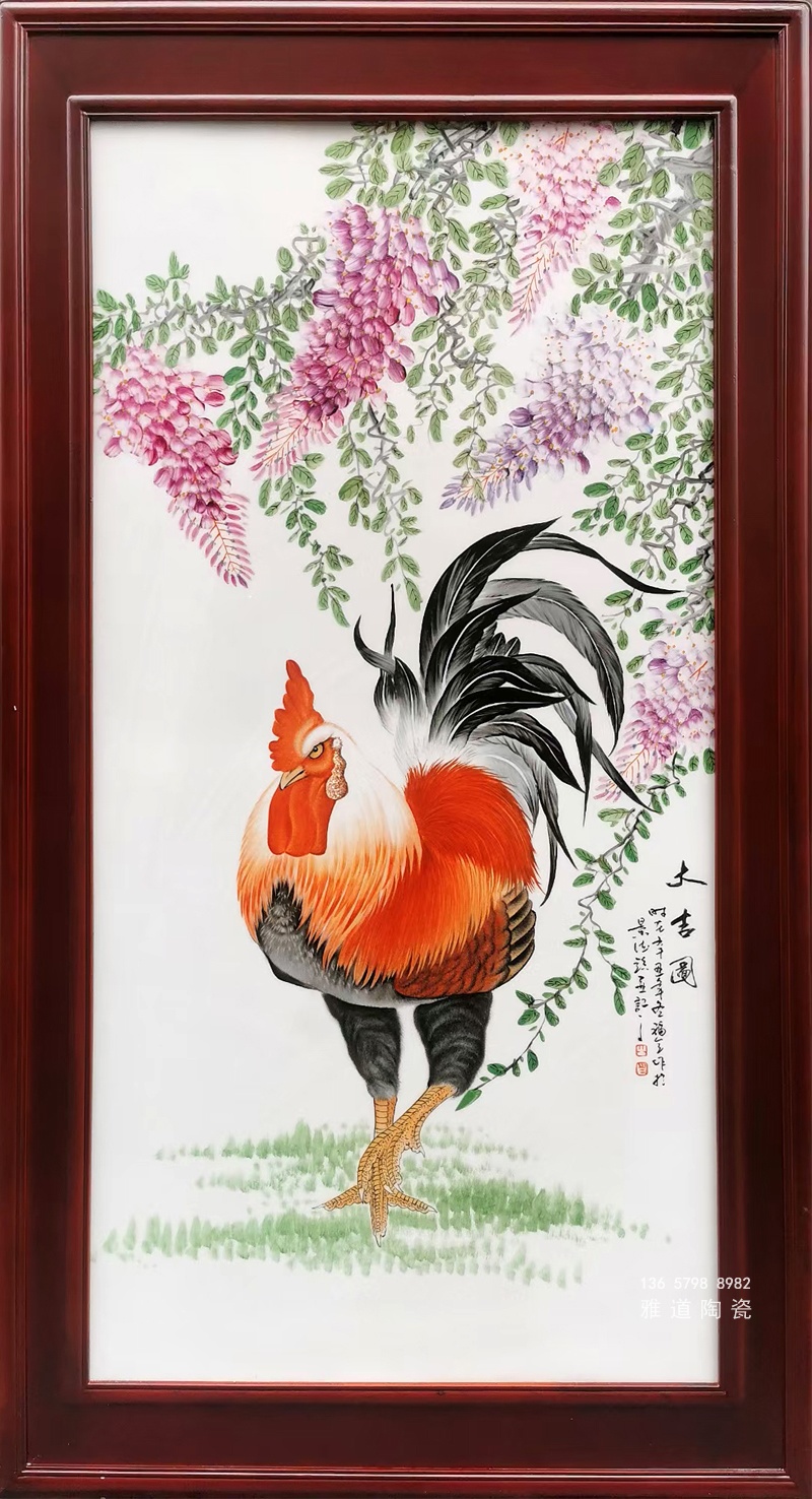 瓷板画手绘公鸡（大吉图）