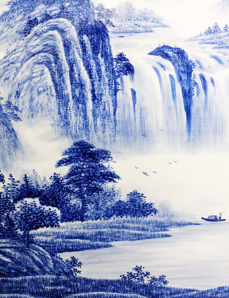 瓷板画手绘青花山水（富水长流）