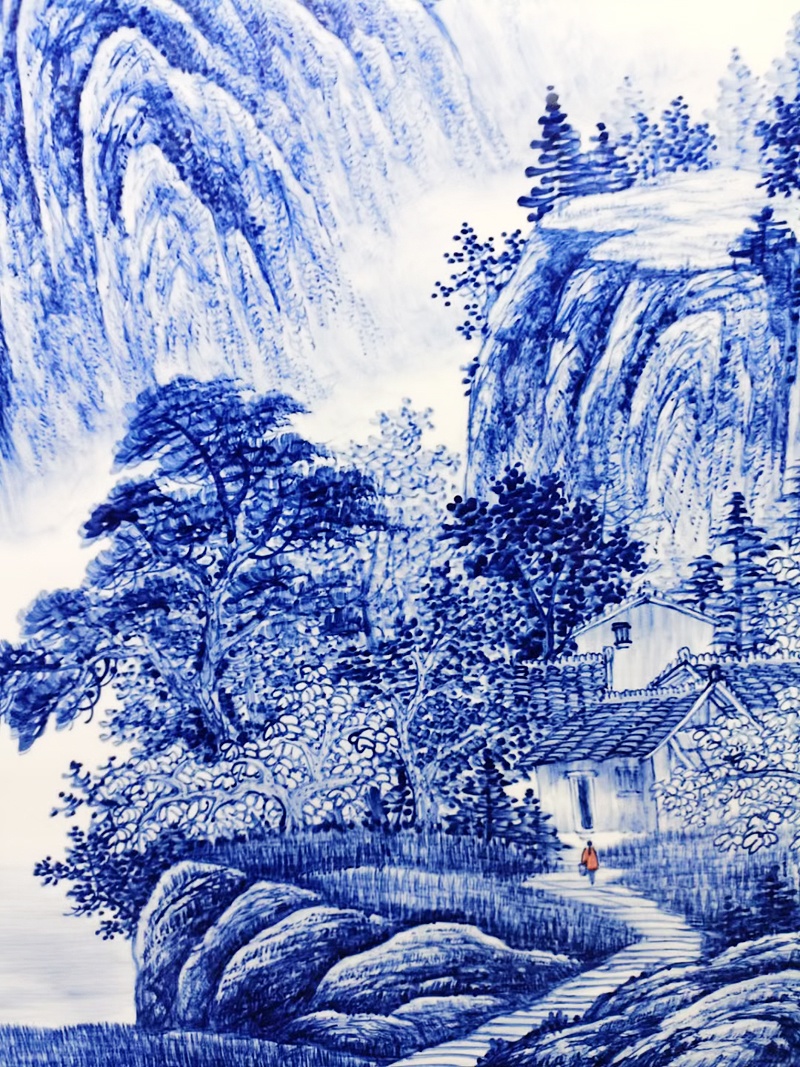 瓷板画手绘青花山水富水长流