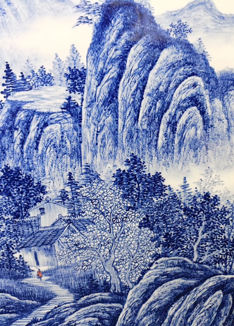 瓷板画手绘青花山水（富水长流）