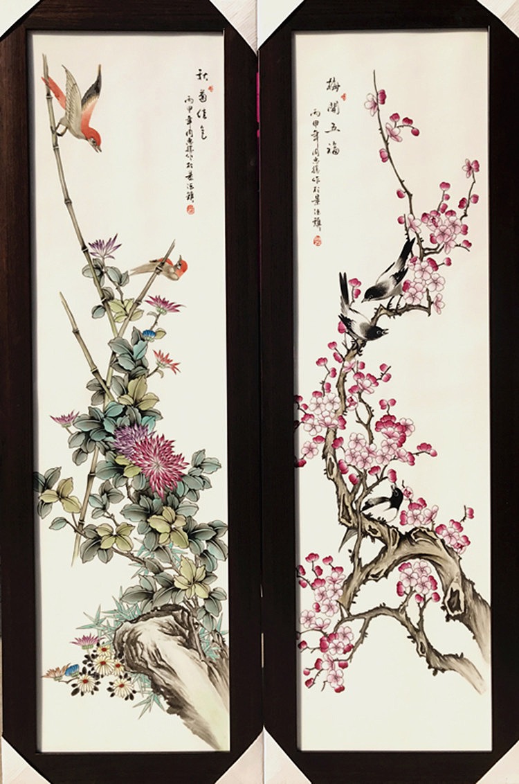 粉彩花鸟瓷板画名家手绘四条屏细节图