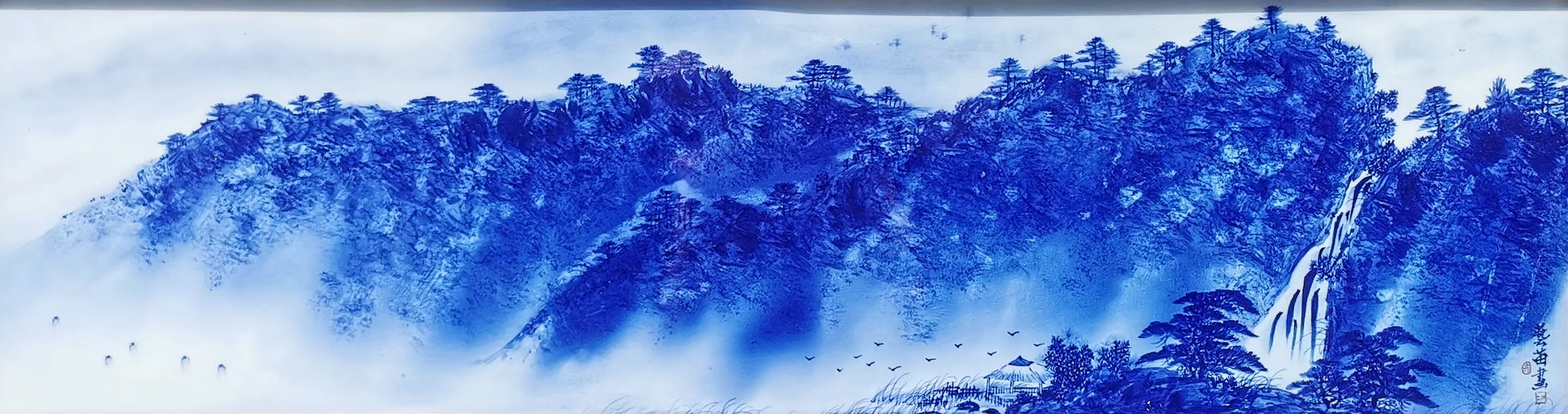 景德镇泼墨手绘青花山水瓷板画