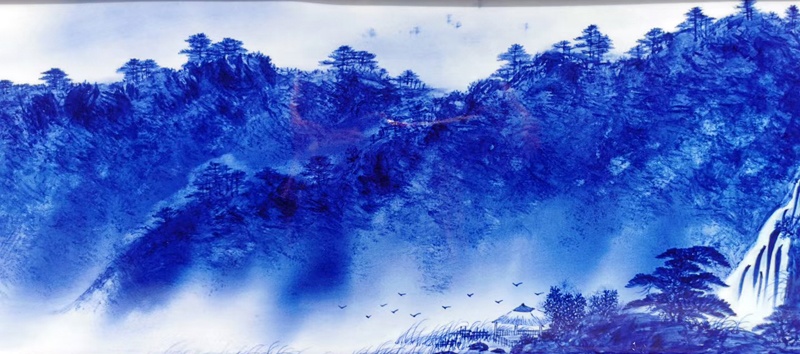 景德镇泼墨手绘青花山水瓷板画