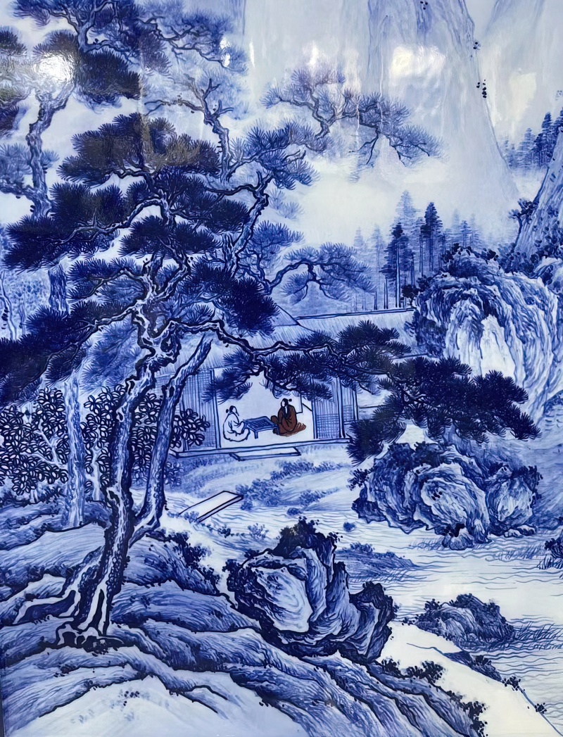 汪敏手绘青花山水瓷板画（草堂论道）