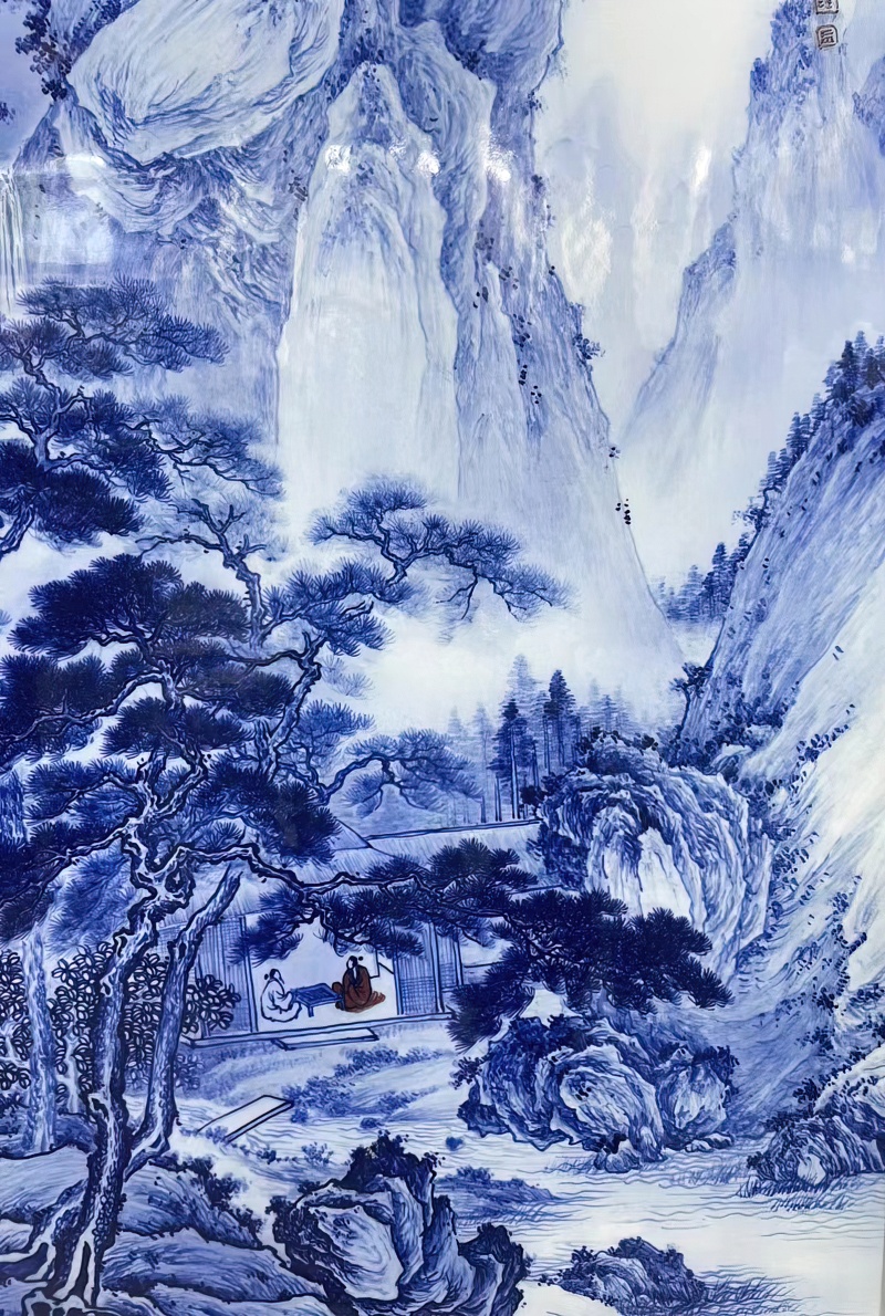 汪敏手绘青花山水瓷板画（草堂论道）