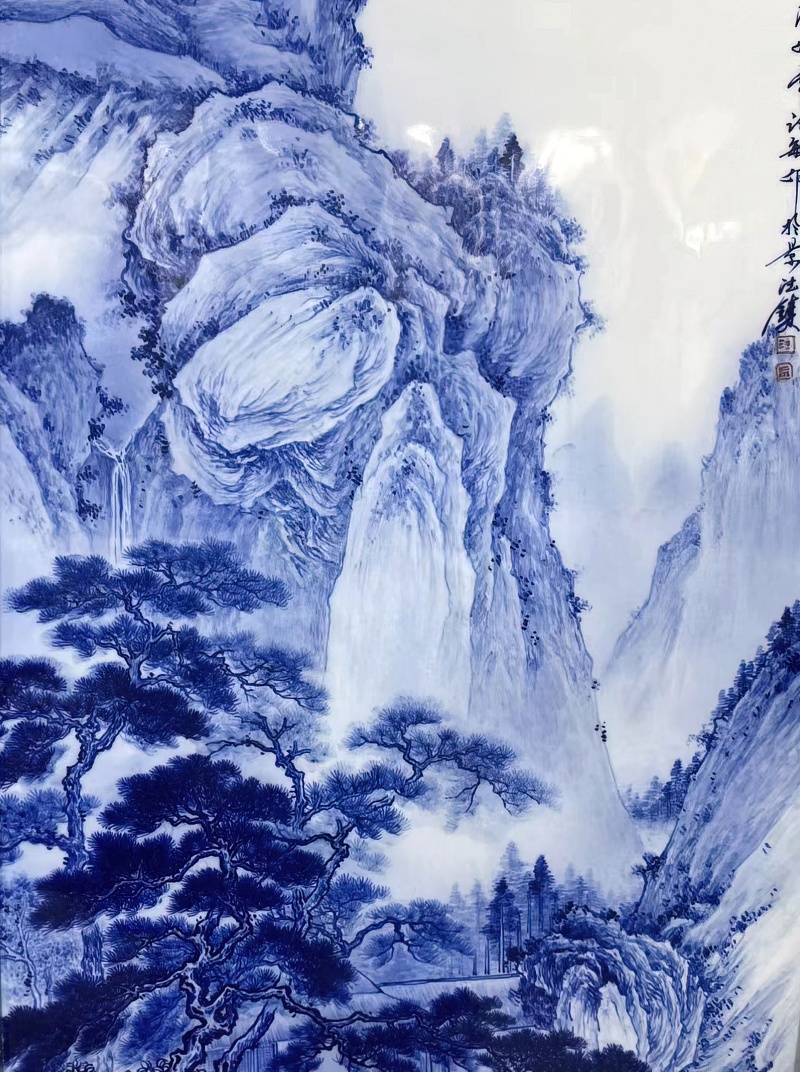 汪敏手绘青花山水瓷板画（草堂论道）